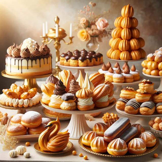 Assortment of choux pastries including éclairs and profiteroles.