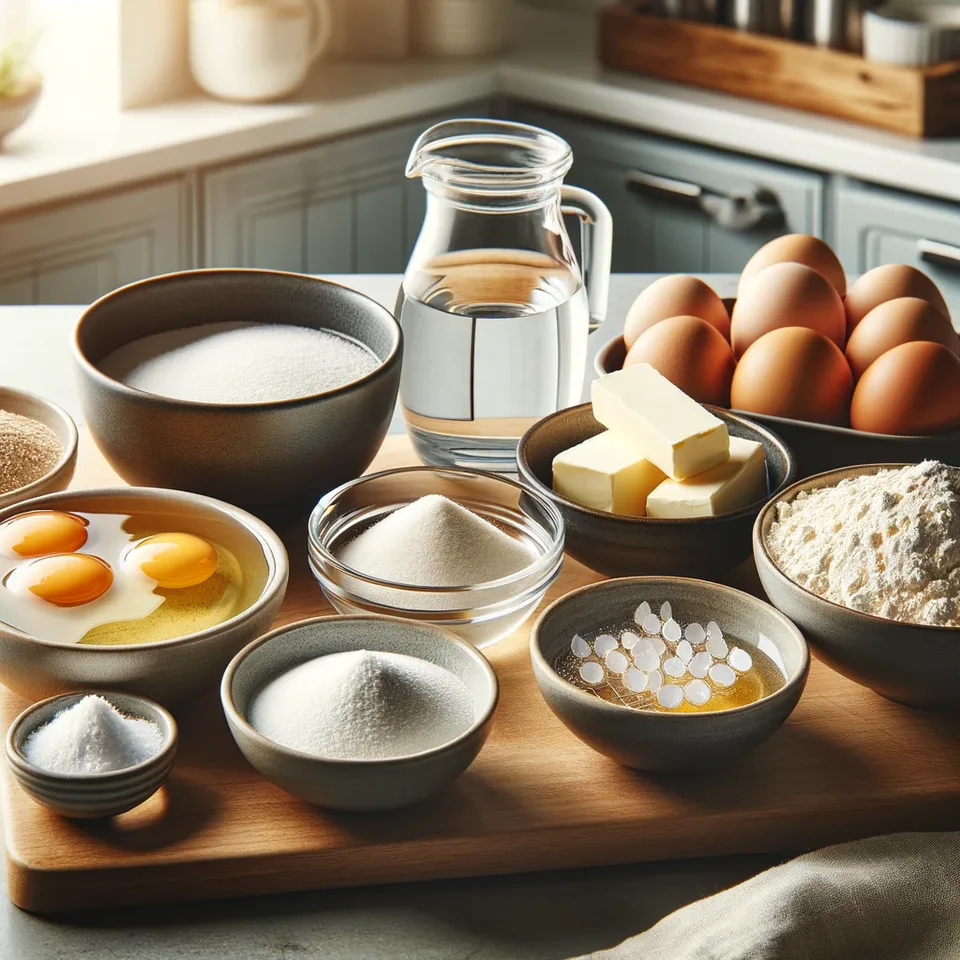 Flour, eggs, butter and other ingredients arranged for choux pastry.