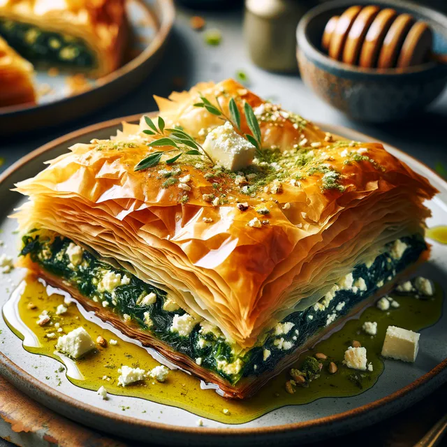Golden filo pastry dish topped with herbs and honey.