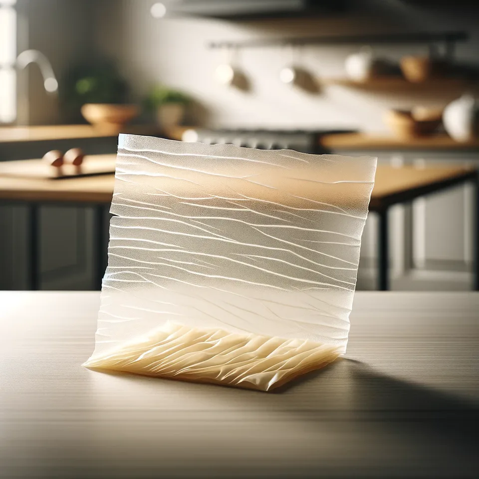 Thin sheets of filo pastry being rolled through a pastry machine.