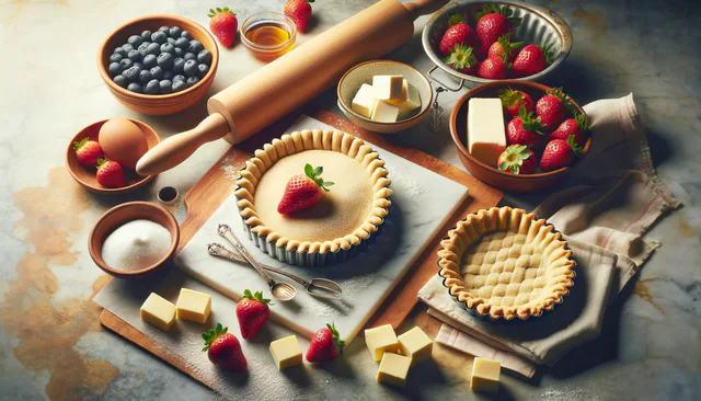 Sweet pastry dough and finished fruit tarts on a worktop.