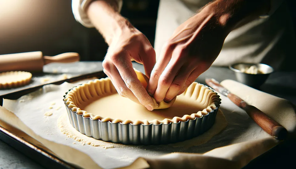 Hands pressing sweet pastry into a fluted tart tin.