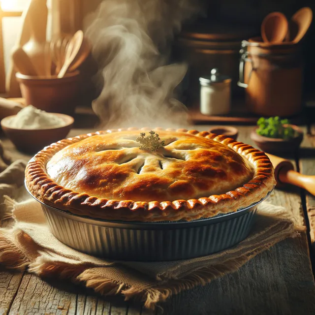 Hot water crust pie on a rustic table.