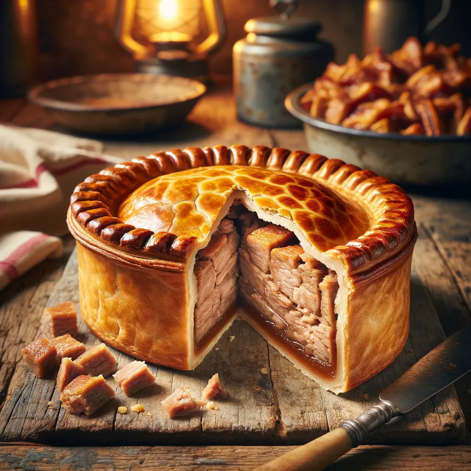 Sliced hot water crust pie revealing the filling.