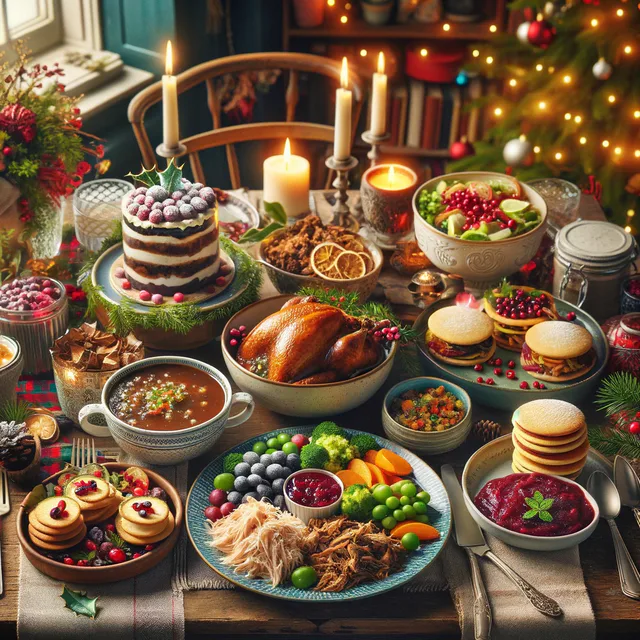 Festive table filled with Boxing Day leftovers and seasonal dishes.
