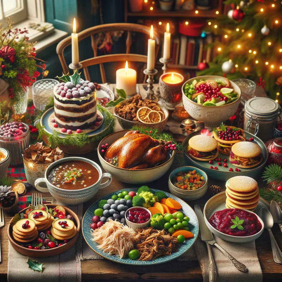 Festive table filled with Boxing Day leftovers and seasonal dishes.