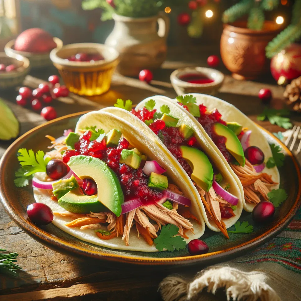 Christmas leftover tacos filled with turkey, cranberry sauce and salad.