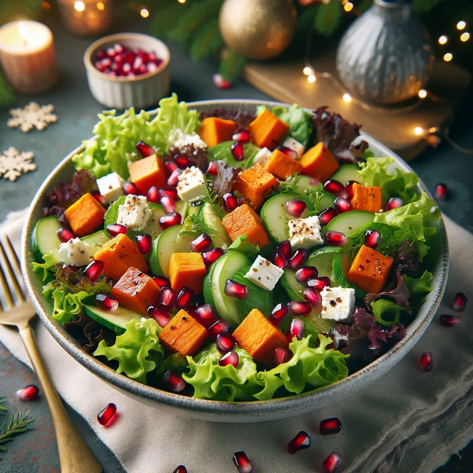 Festive vegetable salad with pomegranate and leafy greens.