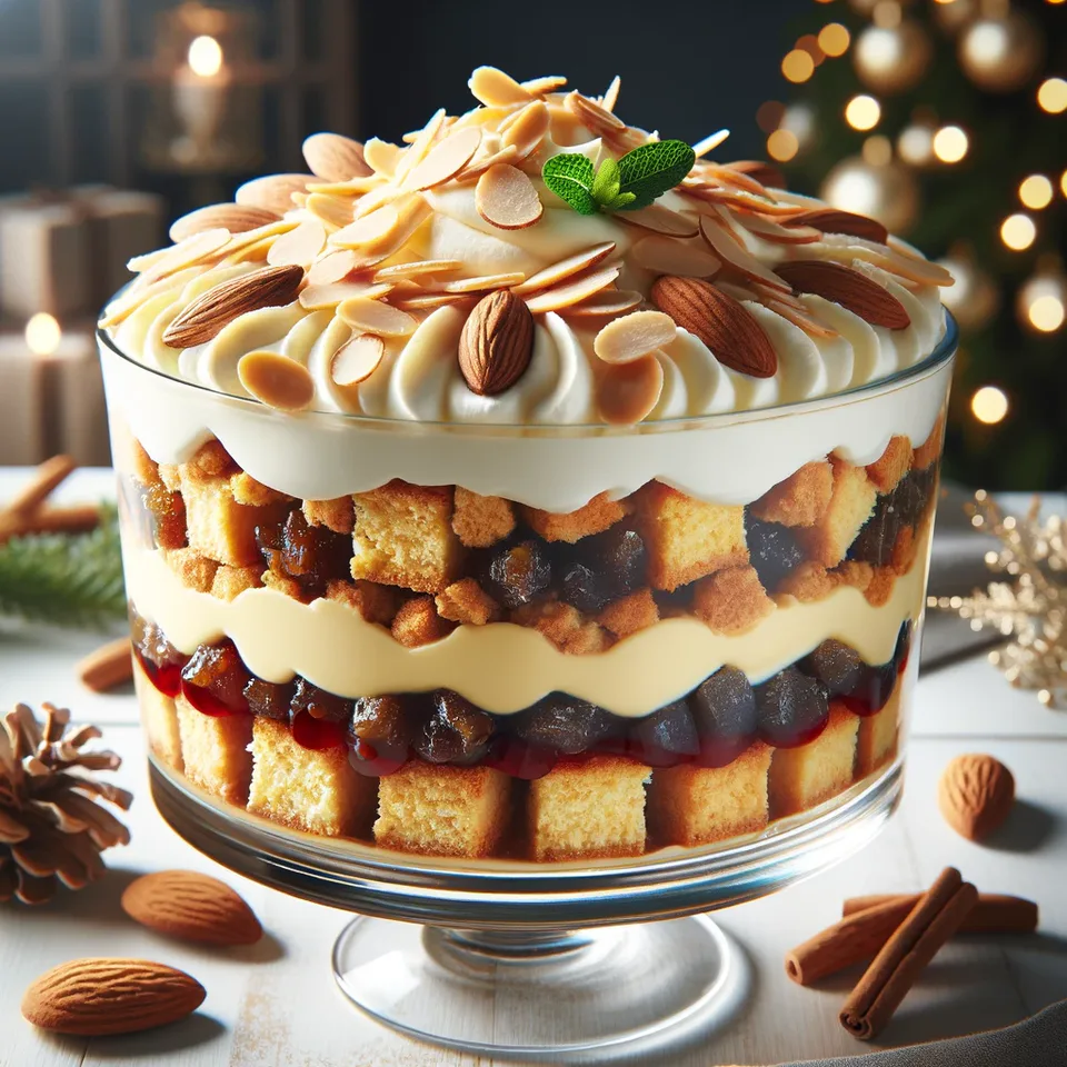 Layered mince pie trifle topped with cream and crumbled pastry.