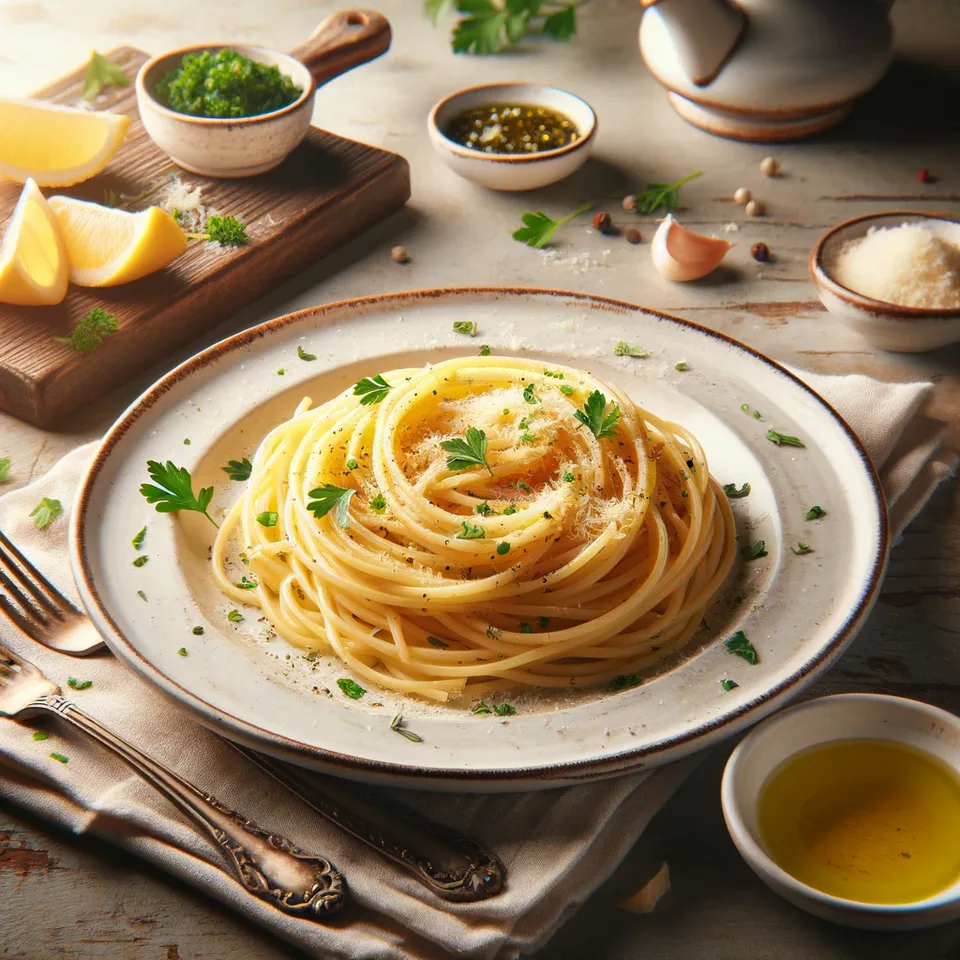 Spaghetti aglio e olio twirled on a plate with garlic and parsley.