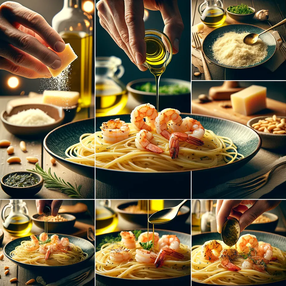 Garlic, chilli, parsley and olive oil being added to spaghetti aglio e olio.
