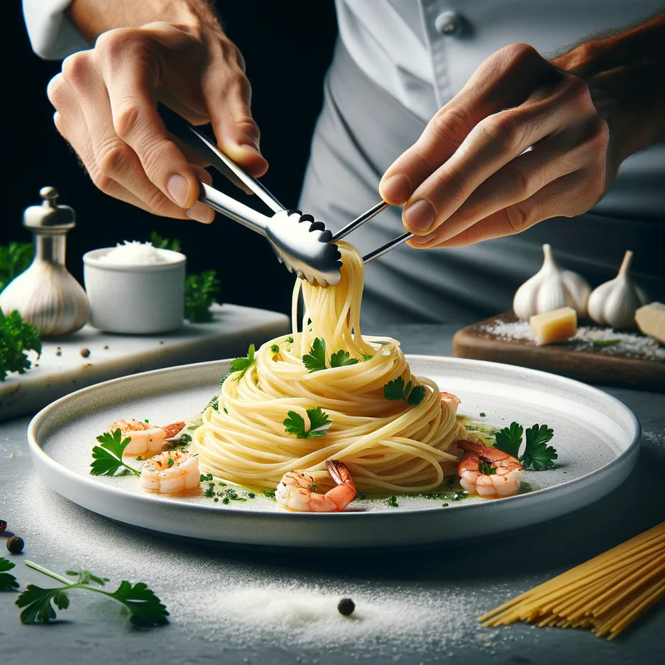 Spaghetti aglio e olio being twirled and plated with tongs.