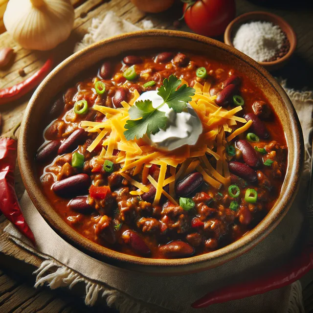 Bowl of chilli con carne topped with soured cream and herbs.