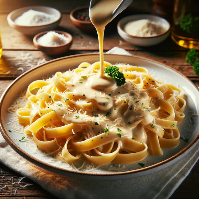 Creamy Alfredo sauce coating fettuccine in a bowl.
