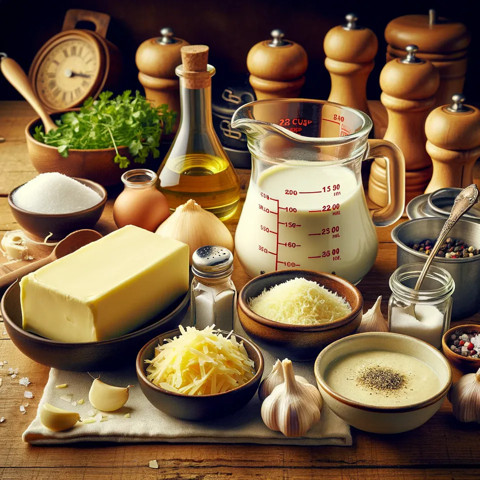 Butter, cream, Parmesan and seasonings for Alfredo sauce.