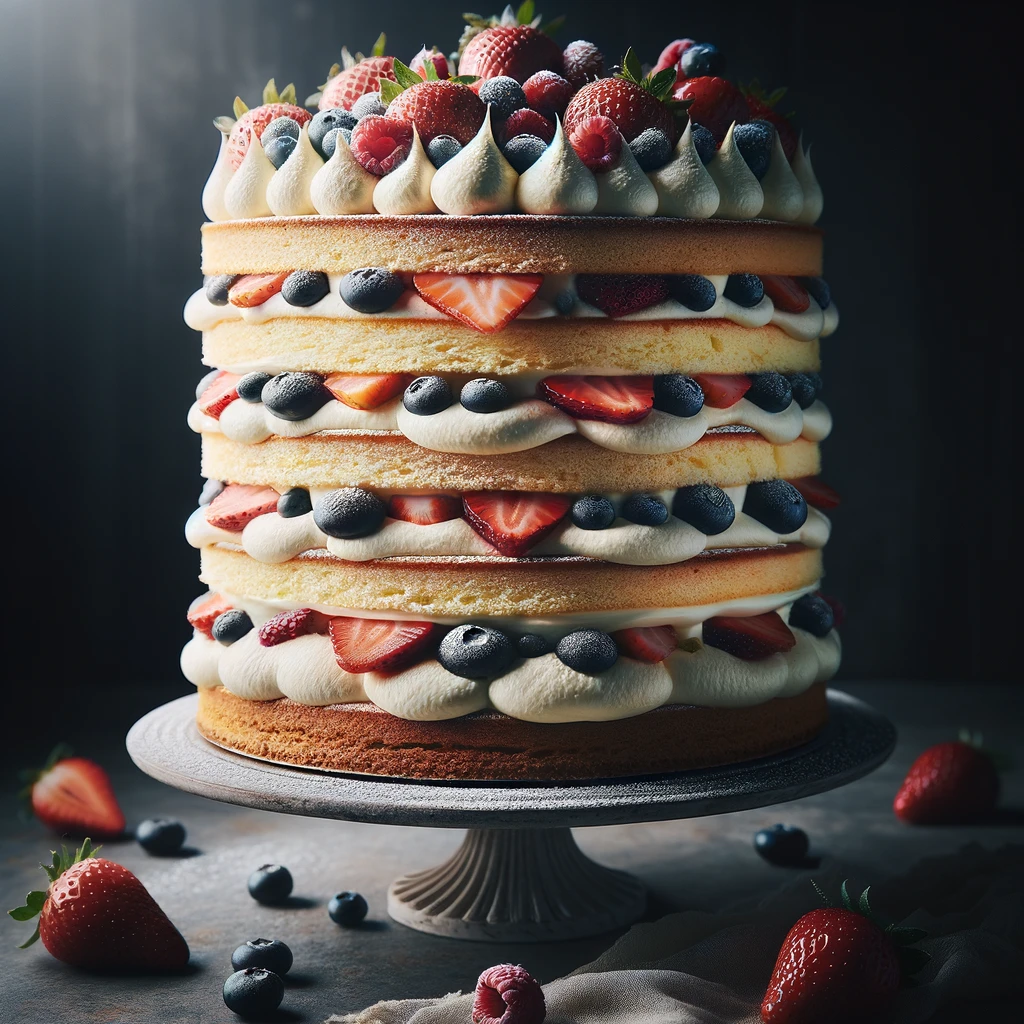 Layered Pan di Spagna celebration cake with berries.