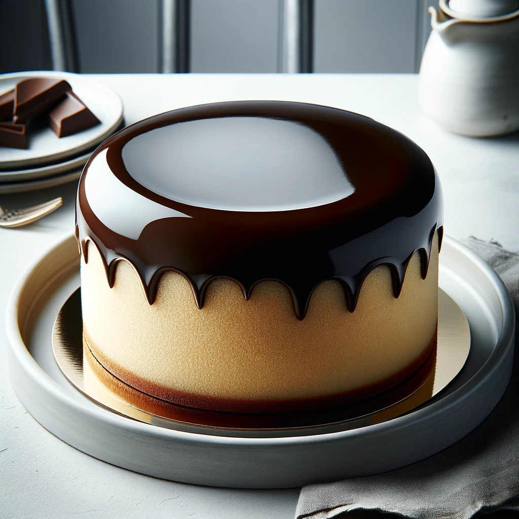 Pan di Spagna cake covered with chocolate glaze.