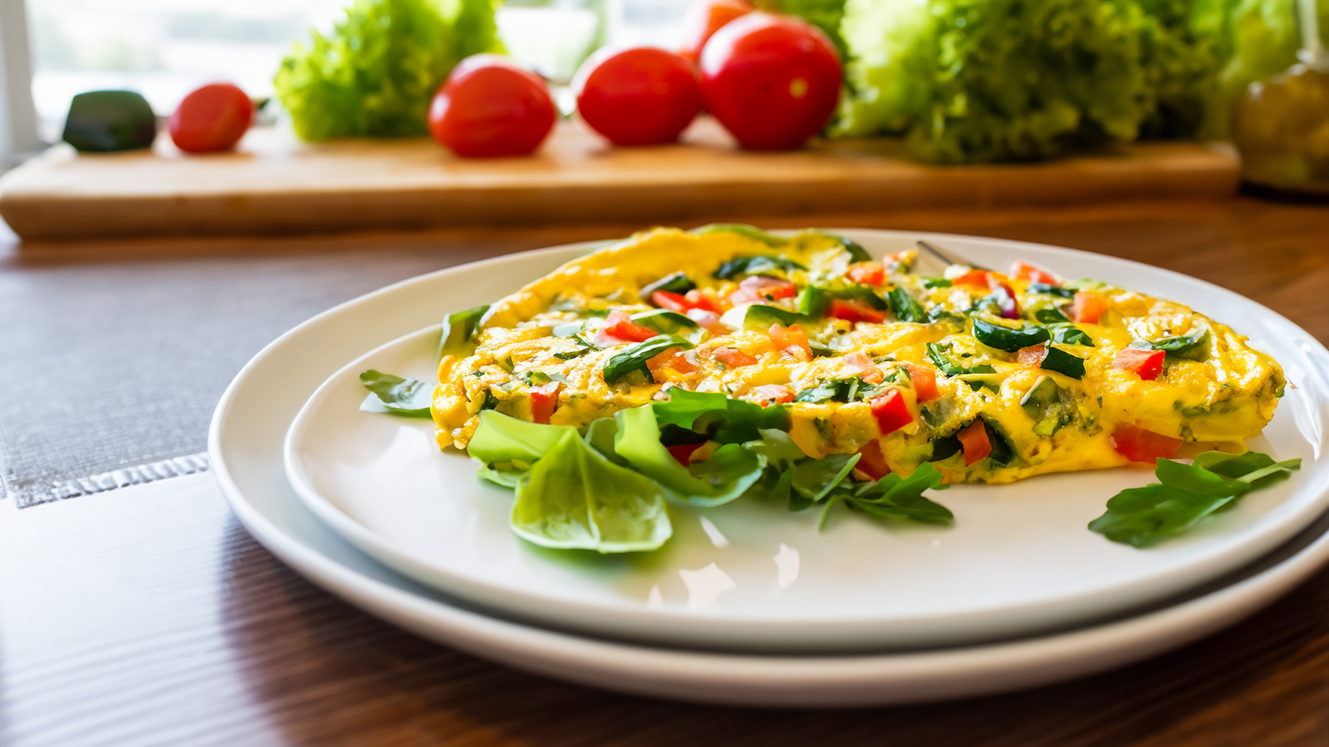 Vegetable frittata served with tomatoes and salad leaves.