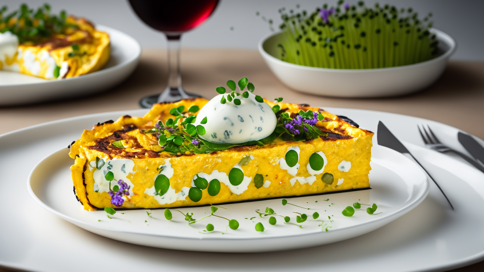 Decorated vegetable frittata topped with peas.