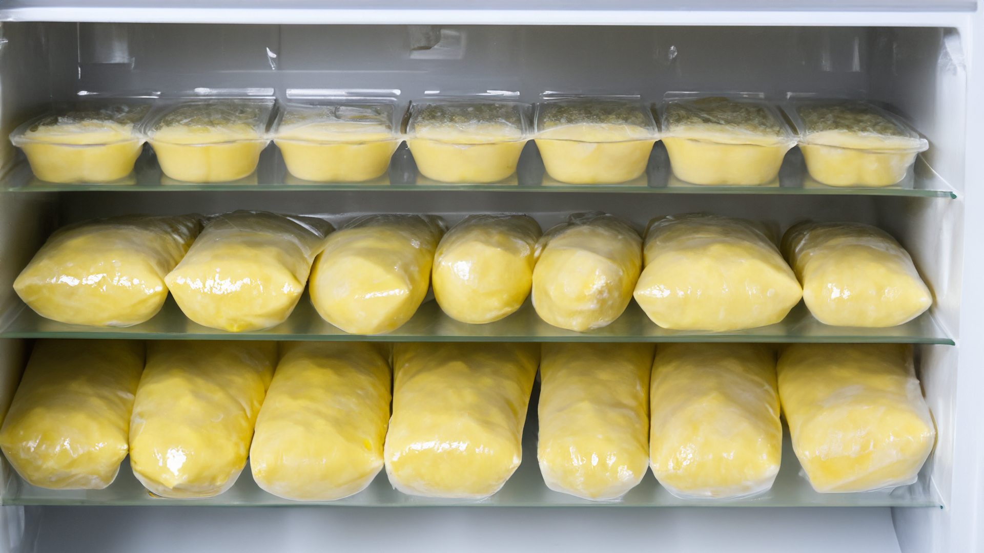 Prepared potato portions arranged in freezer trays.