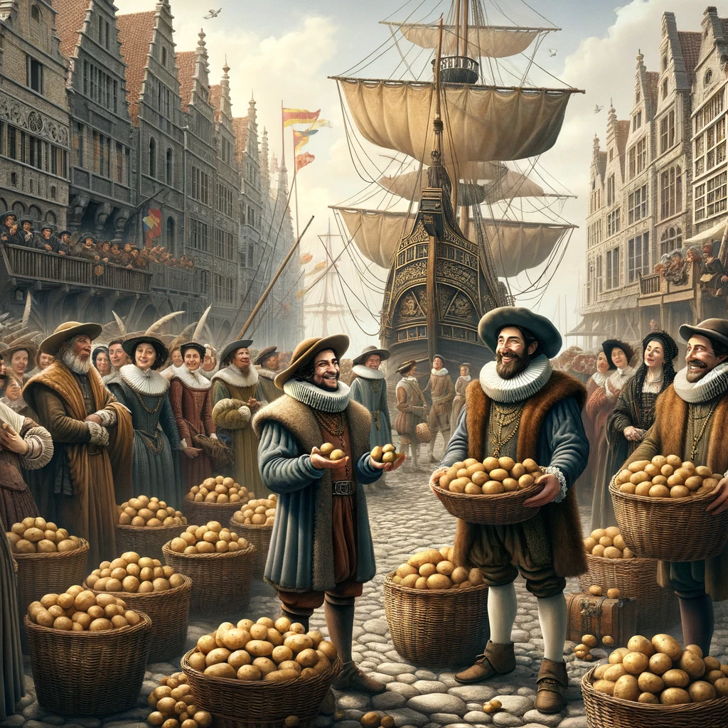 Illustration of Spanish explorers introducing potatoes to Europe.