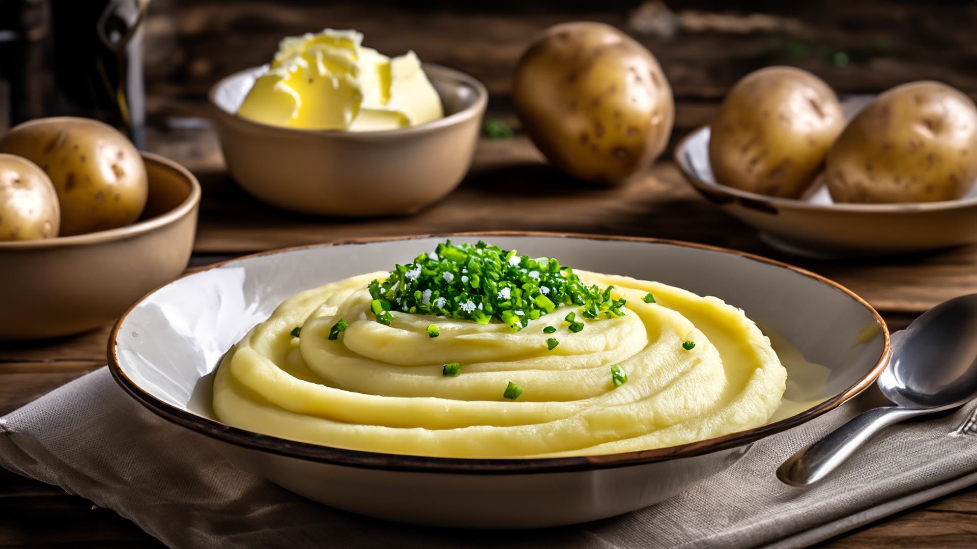 Make-ahead mashed potatoes topped with chives and butter.