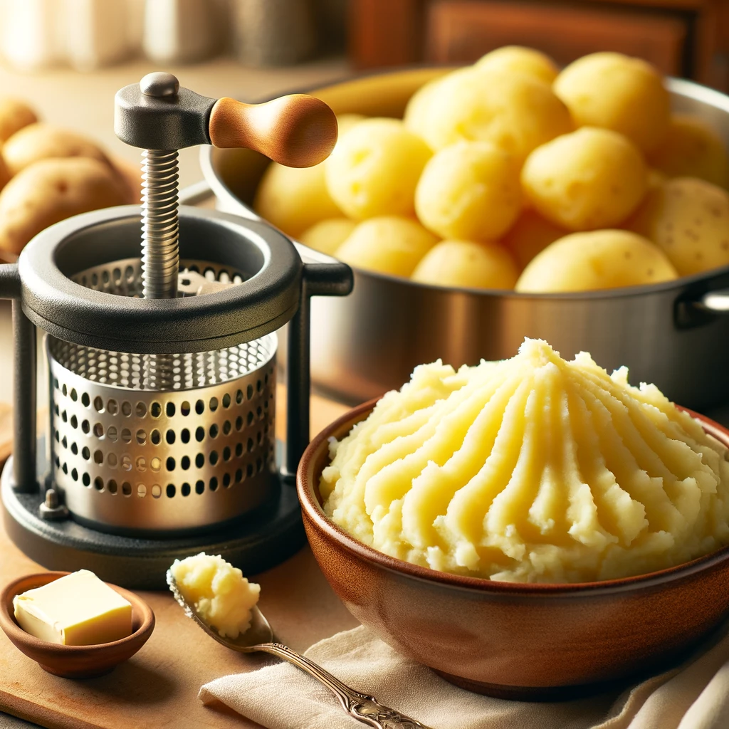 Cooked potatoes being pressed through a potato ricer.