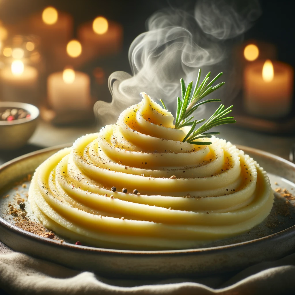 Creamy mashed potatoes piped into a serving dish.