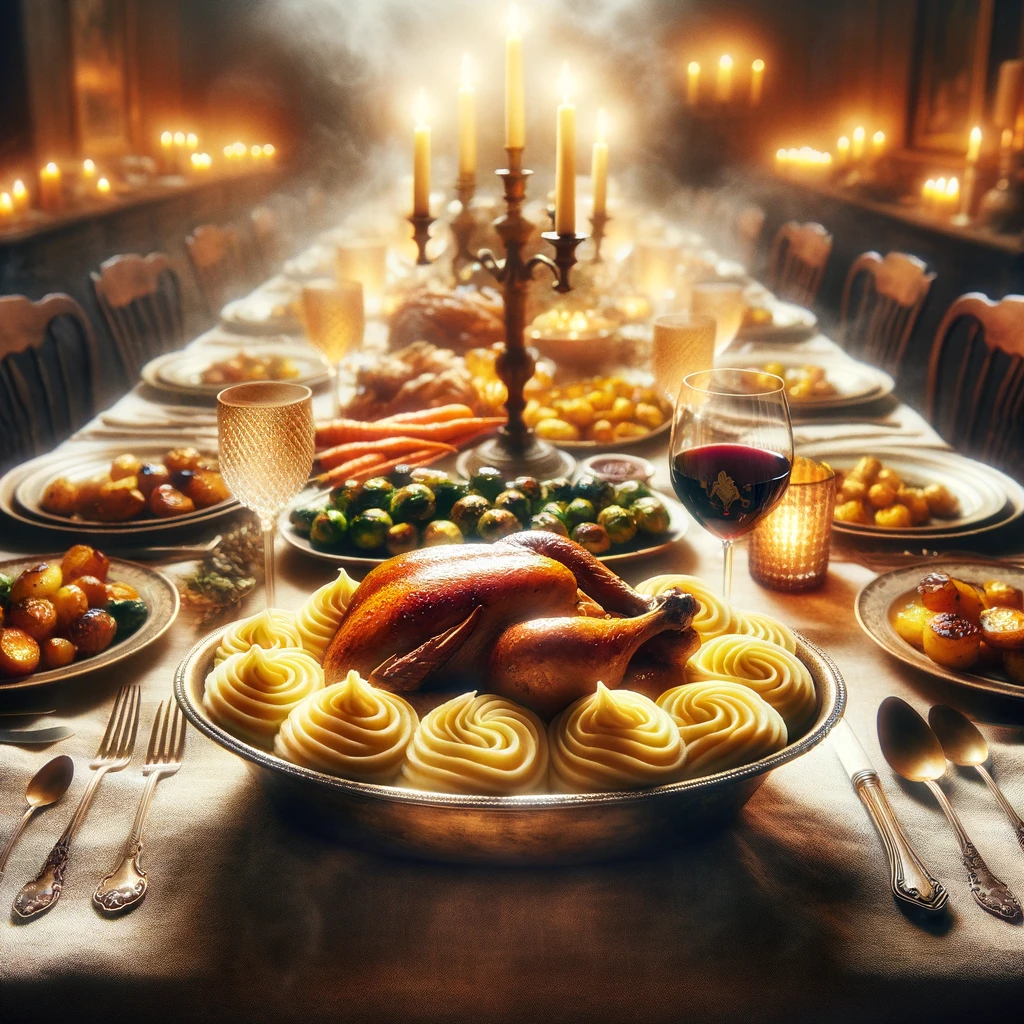 Make-ahead mashed potatoes served as part of a festive meal.