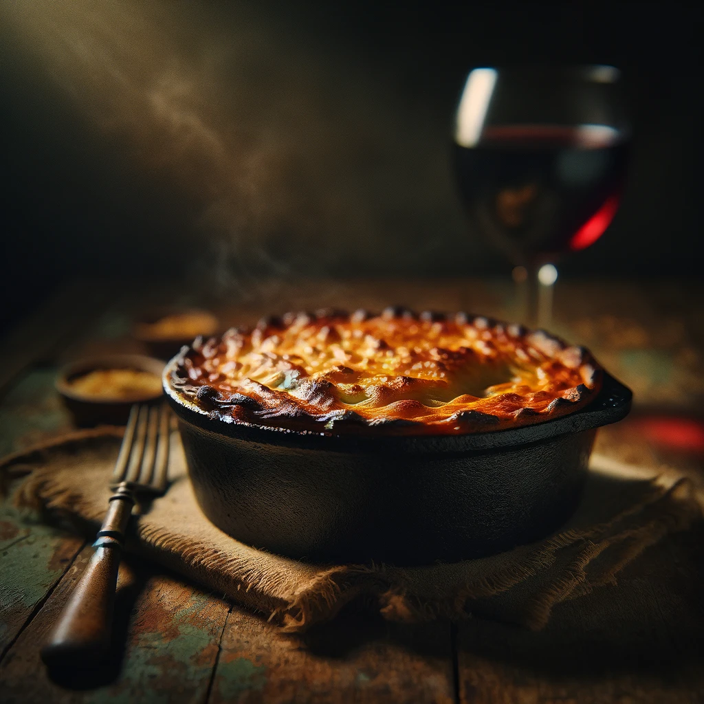 Shepherd’s pie in a cast-iron dish with a browned potato topping.