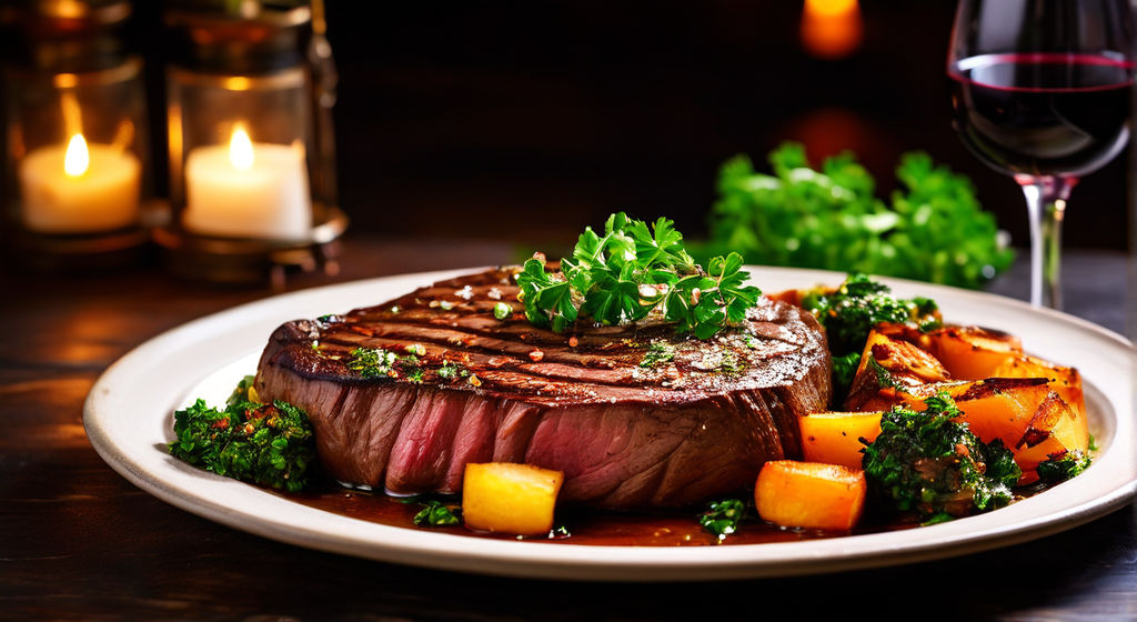 Steak and roasted root veg with flat leaf parsley elevating it to a worthy dish