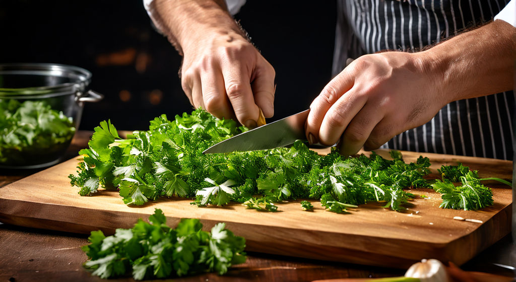 Chef chopping flat leaf parsley