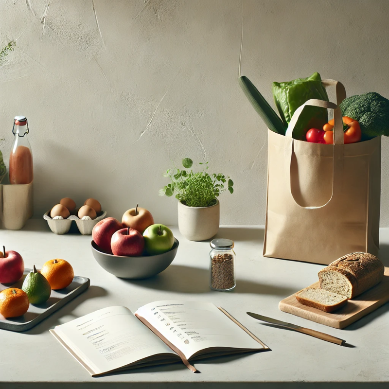 Here’s a simplified and minimalistic image emphasizing healthier food choices. It highlights key elements like whole foods, meal planning, and reusable grocery bags in a clean, calming kitchen setting to inspire mindfulness in eating habits.