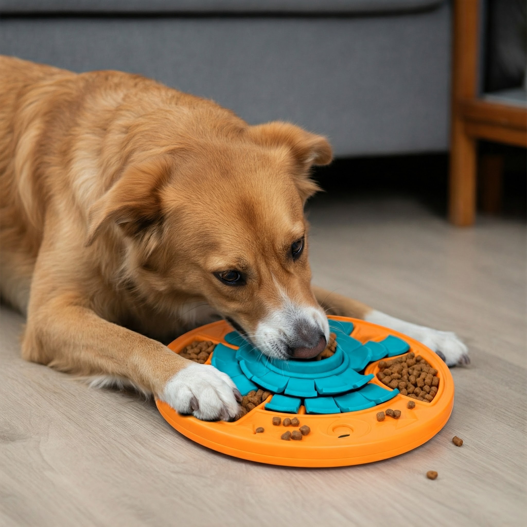 A dog solving a food puzzle toy indoors, illustrating mental stimulation as part of meeting their needs dog training.
