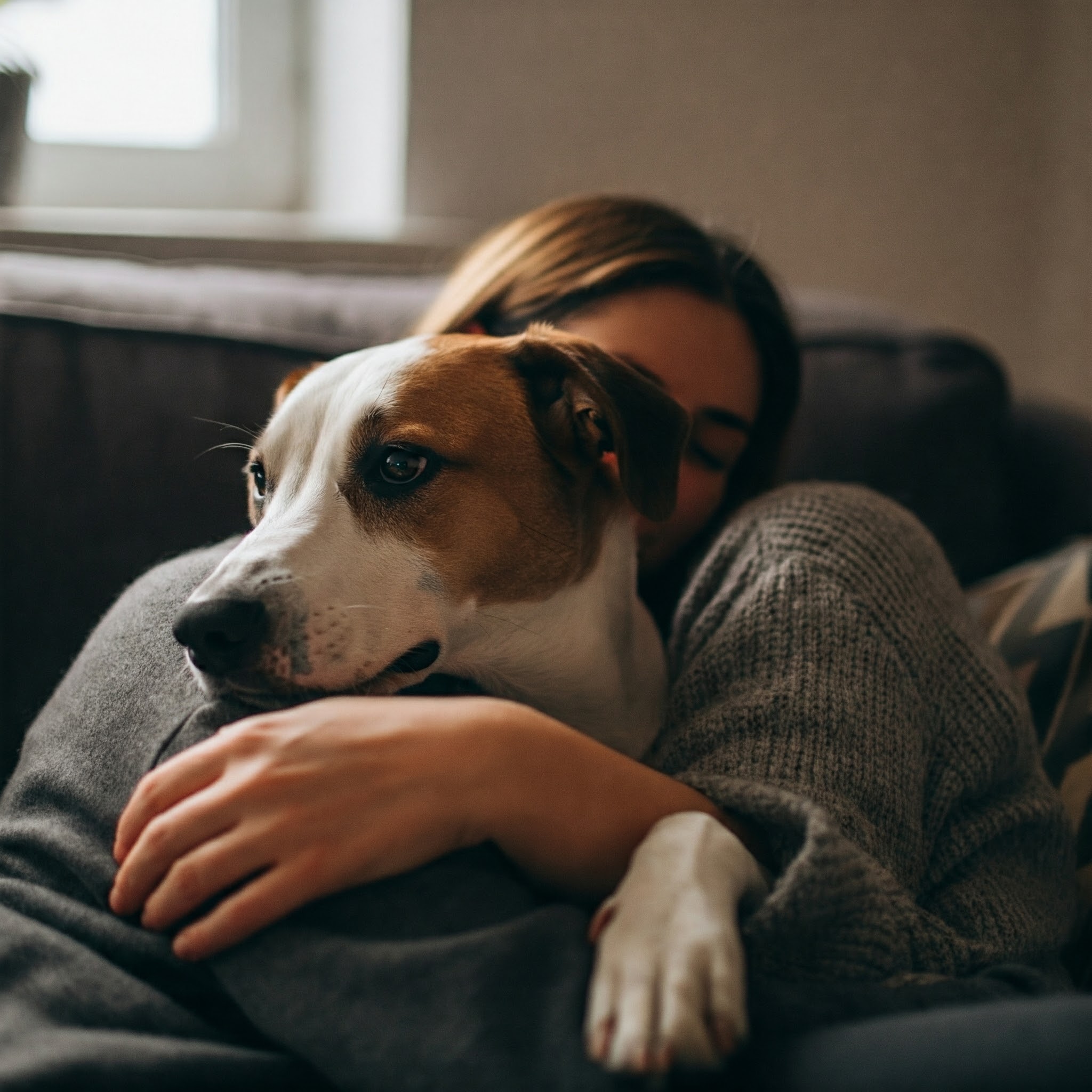 A dog cuddling with its owner on a couch, showing emotional well-being as a key element of meeting their needs dog training.