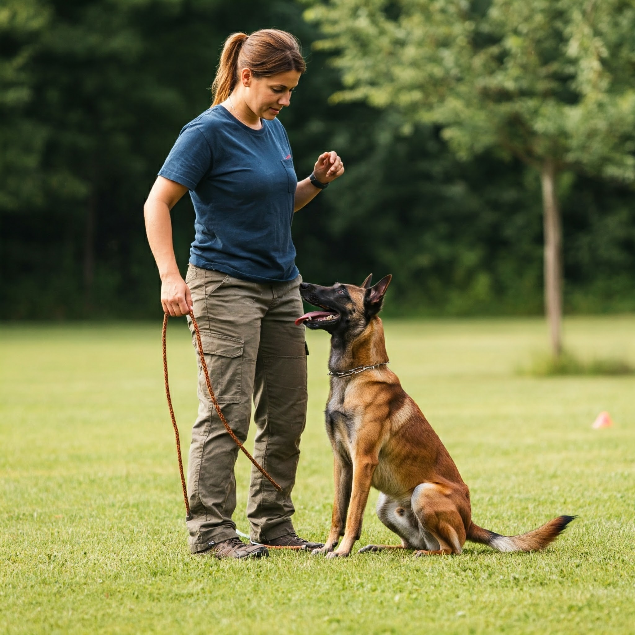 A dog attentively sitting in a park while its owner holds a treat, demonstrating balanced training with positive reinforcement