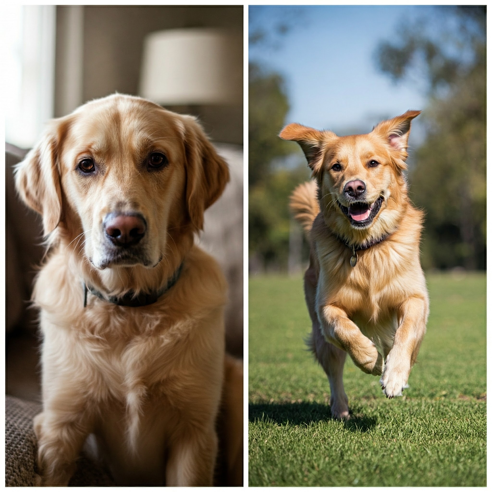 Before and after photos of a dog—one looking bored indoors, and another happily engaged outside with its owner.