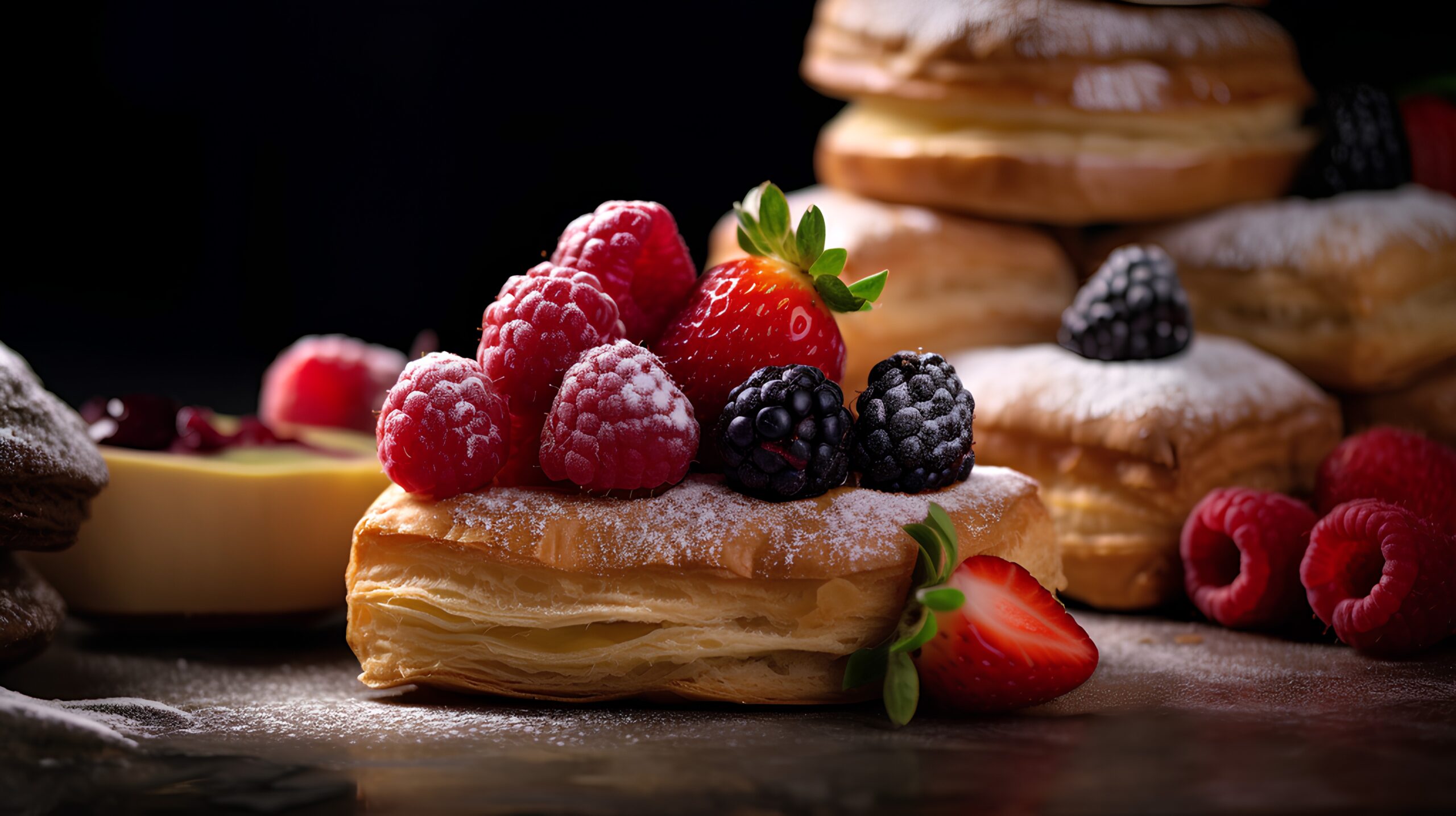 Puff pastry desserts layered with cream and fresh berries.